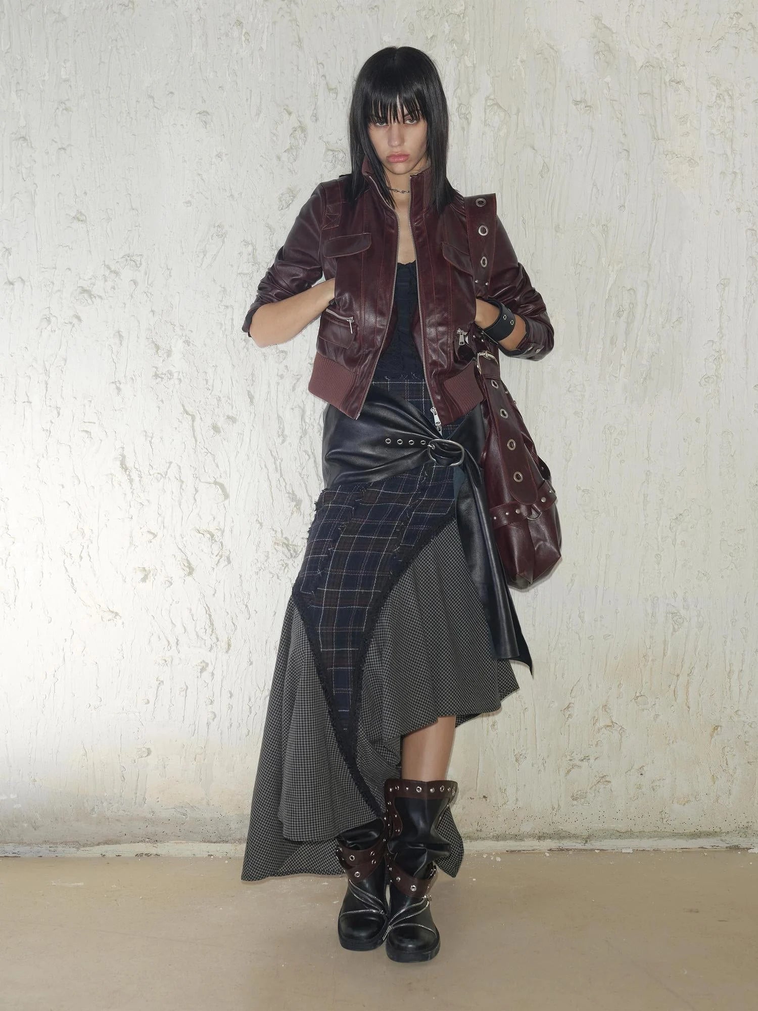 Wool Plaid Lace Irregular Hem Flowy Maxi Skirt