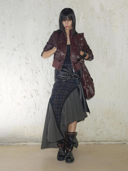 Wool Plaid Lace Irregular Hem Flowy Maxi Skirt