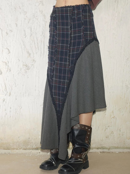 Wool Plaid Lace Irregular Hem Flowy Maxi Skirt