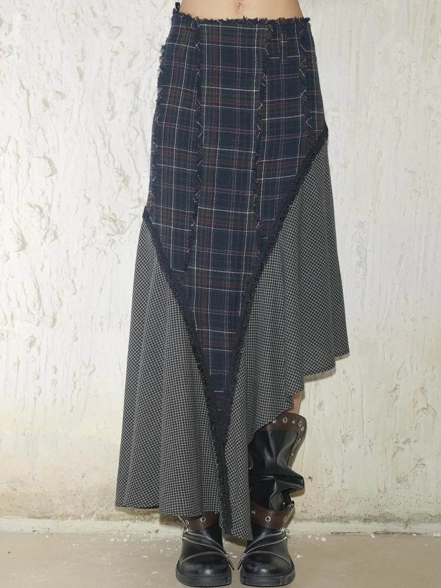Wool Plaid Lace Irregular Hem Flowy Maxi Skirt