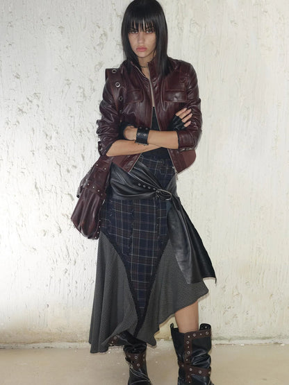 Wool Plaid Lace Irregular Hem Flowy Maxi Skirt