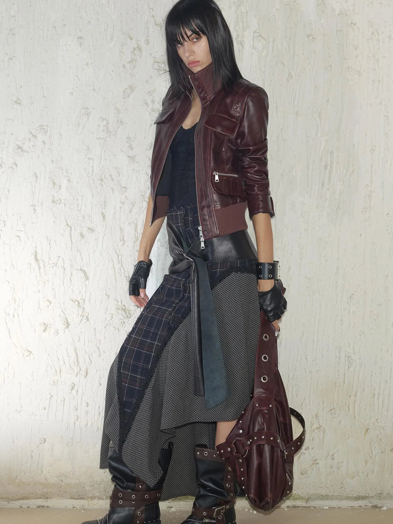Wool Plaid Lace Irregular Hem Flowy Maxi Skirt
