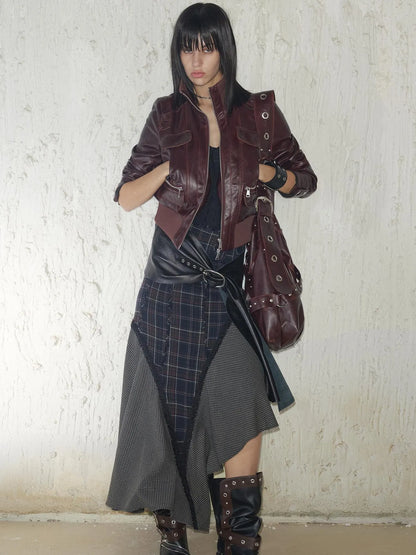 Wool Plaid Lace Irregular Hem Flowy Maxi Skirt