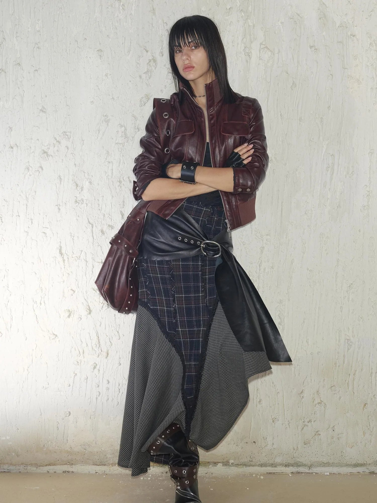 Wool Plaid Lace Irregular Hem Flowy Maxi Skirt