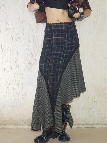 Wool Plaid Lace Irregular Hem Flowy Maxi Skirt