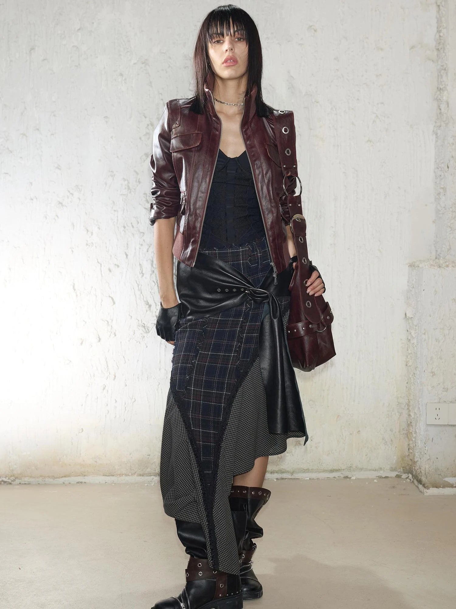 Wool Plaid Lace Irregular Hem Flowy Maxi Skirt