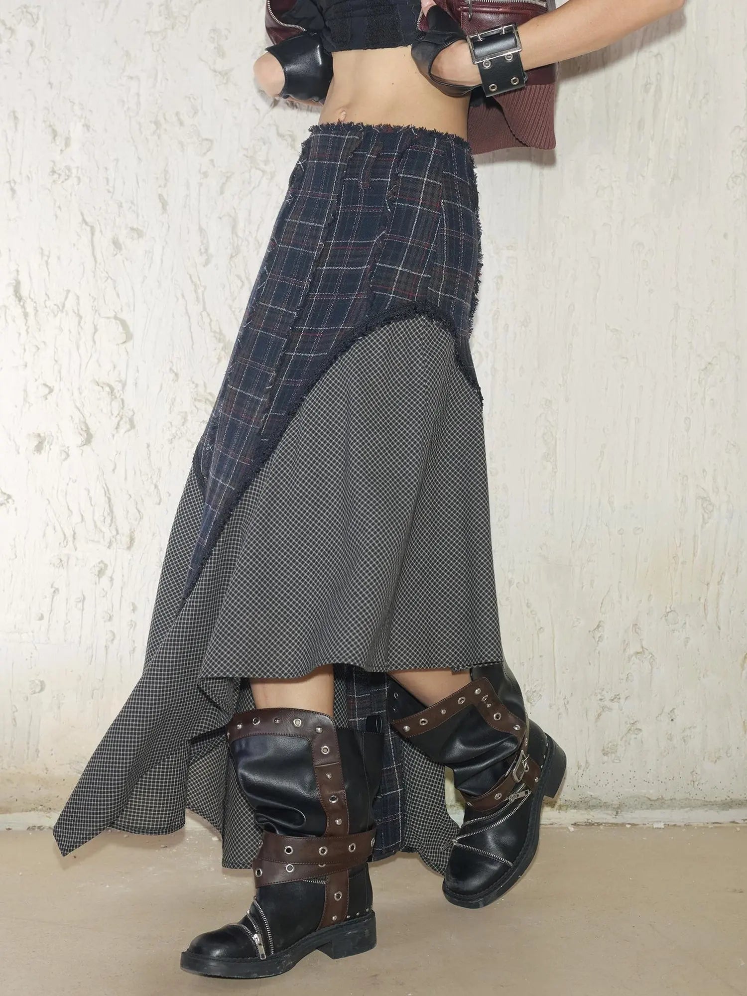 Wool Plaid Lace Irregular Hem Flowy Maxi Skirt