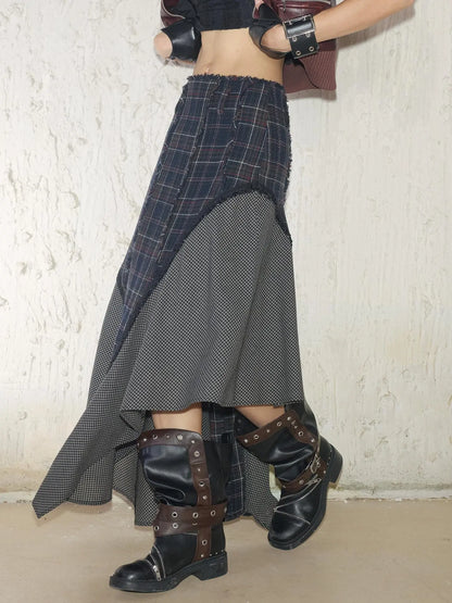 Wool Plaid Lace Irregular Hem Flowy Maxi Skirt