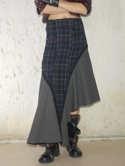 Wool Plaid Lace Irregular Hem Flowy Maxi Skirt