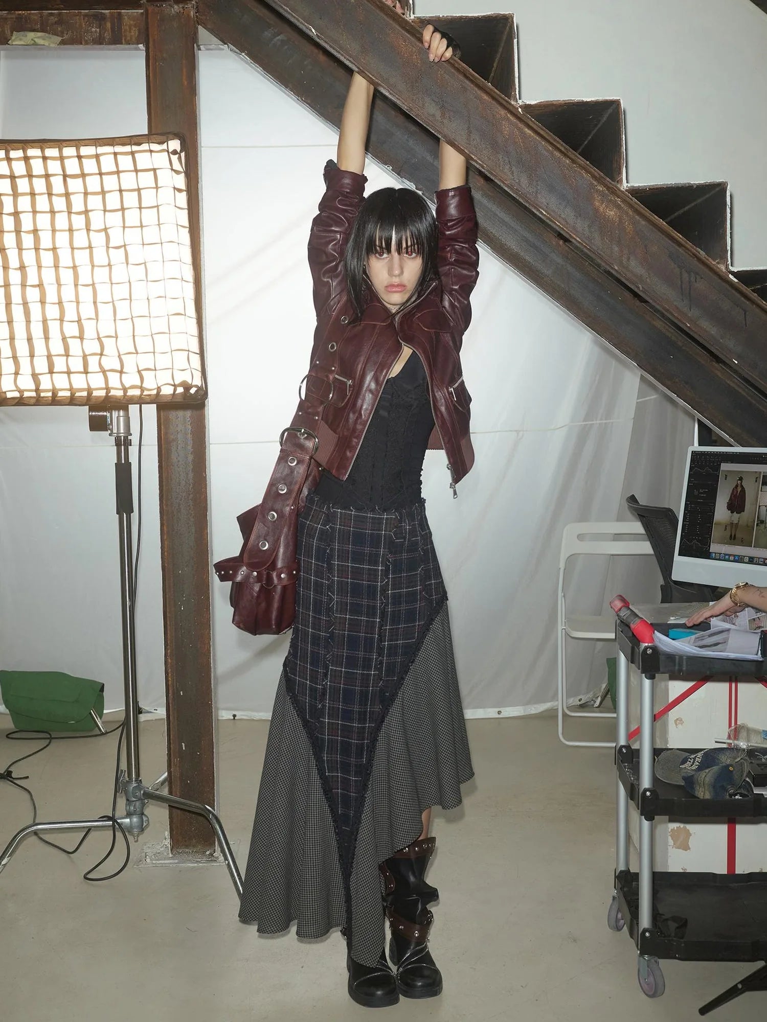 Wool Plaid Lace Irregular Hem Flowy Maxi Skirt