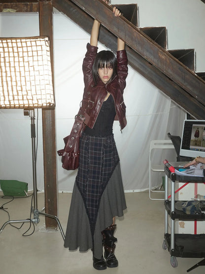 Wool Plaid Lace Irregular Hem Flowy Maxi Skirt