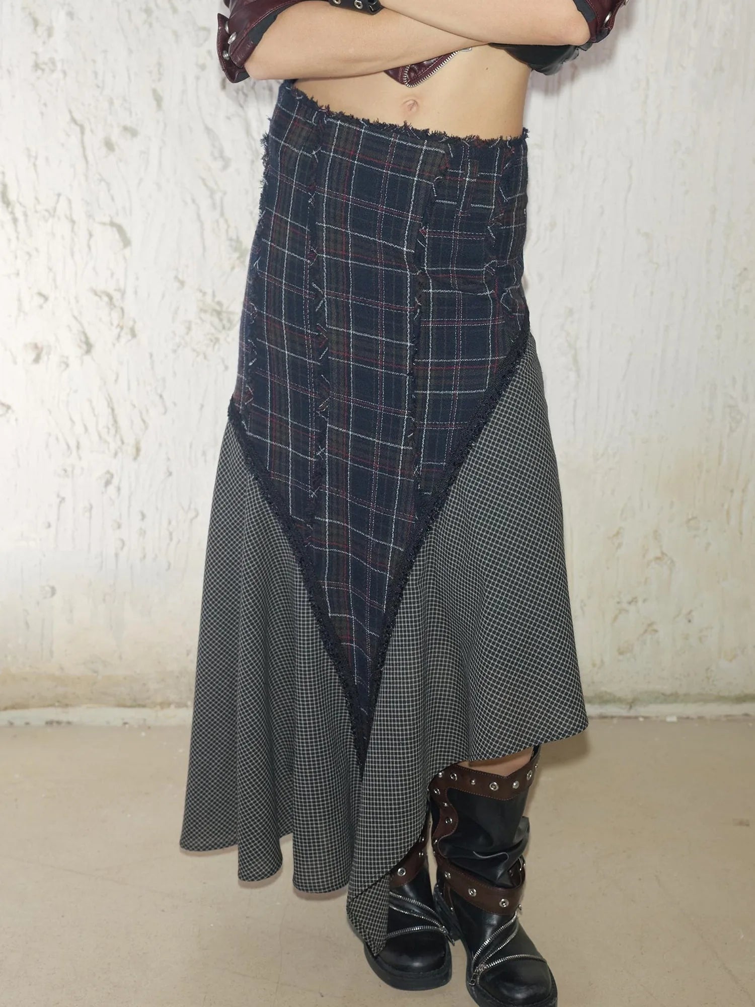 Wool Plaid Lace Irregular Hem Flowy Maxi Skirt