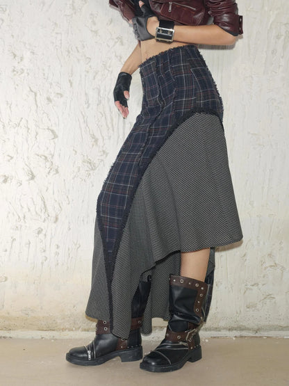 Wool Plaid Lace Irregular Hem Flowy Maxi Skirt