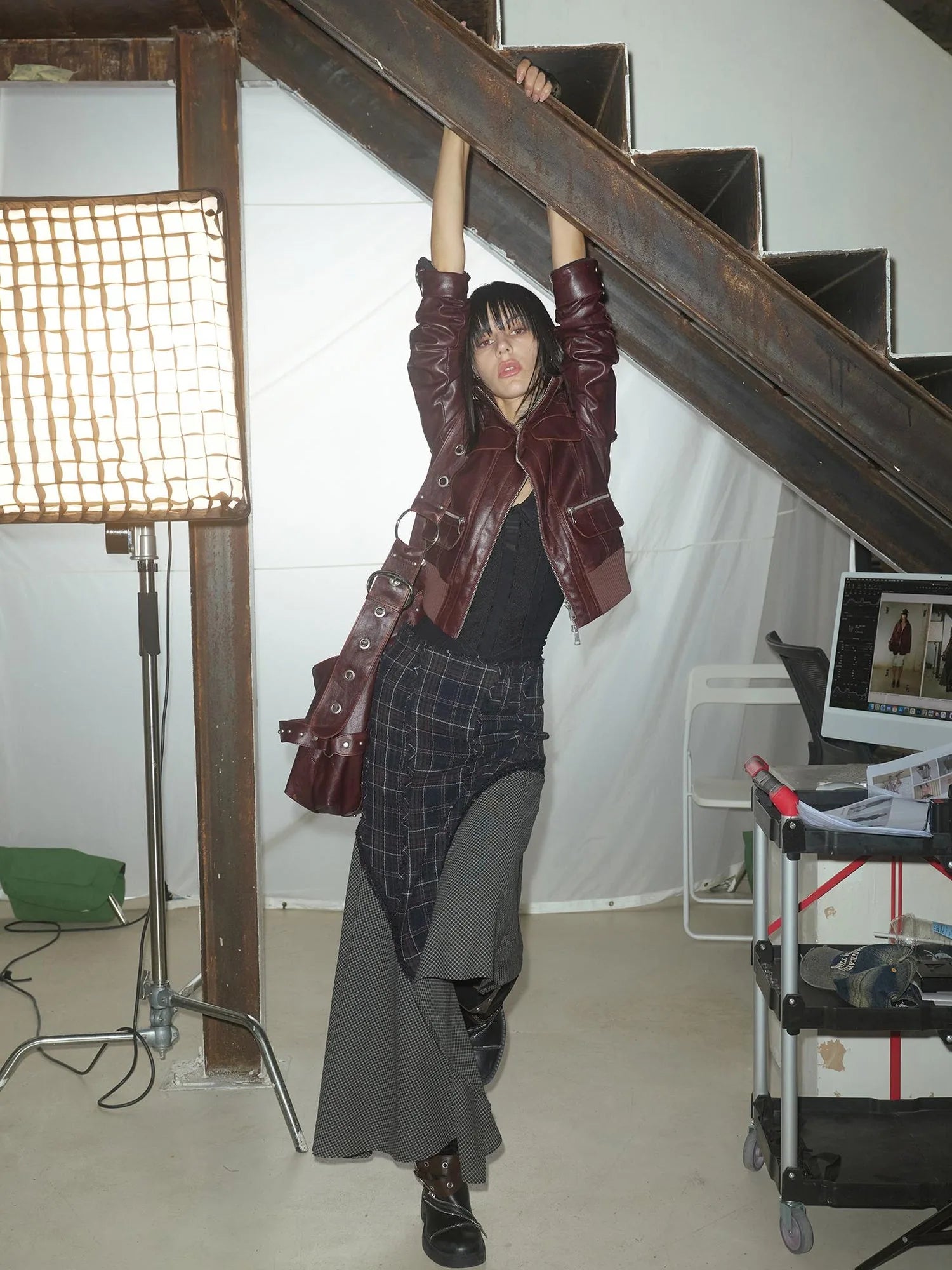 Wool Plaid Lace Irregular Hem Flowy Maxi Skirt