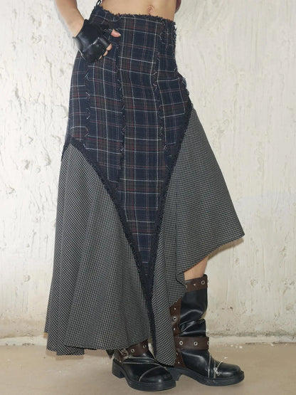 Wool Plaid Lace Irregular Hem Flowy Maxi Skirt