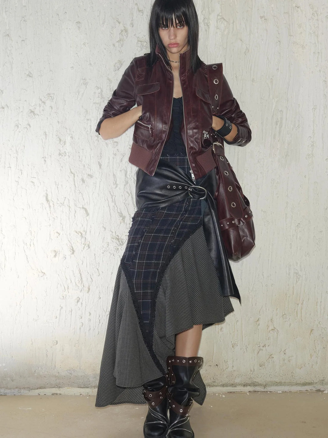 Wool Plaid Lace Irregular Hem Flowy Maxi Skirt