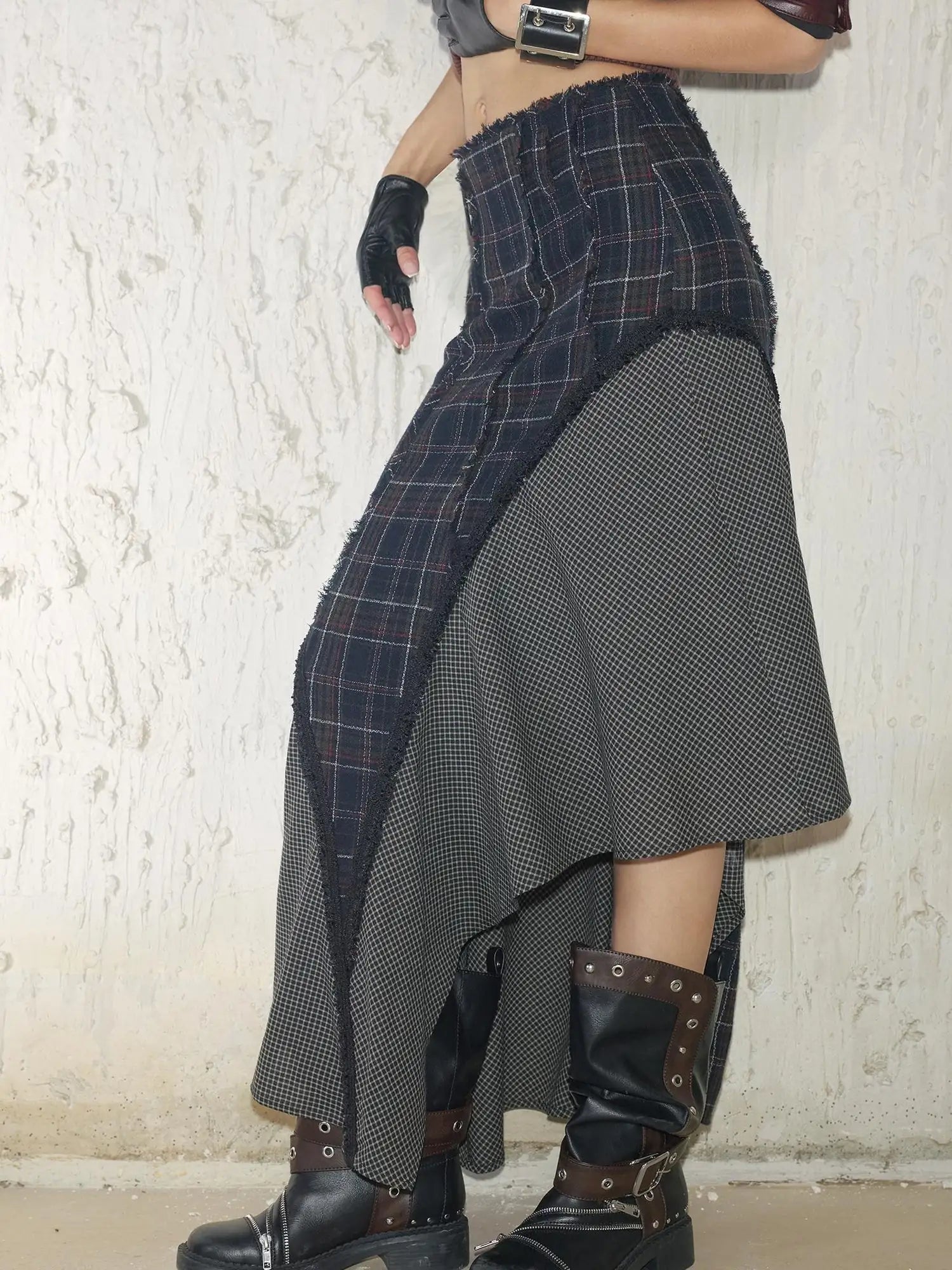 Wool Plaid Lace Irregular Hem Flowy Maxi Skirt