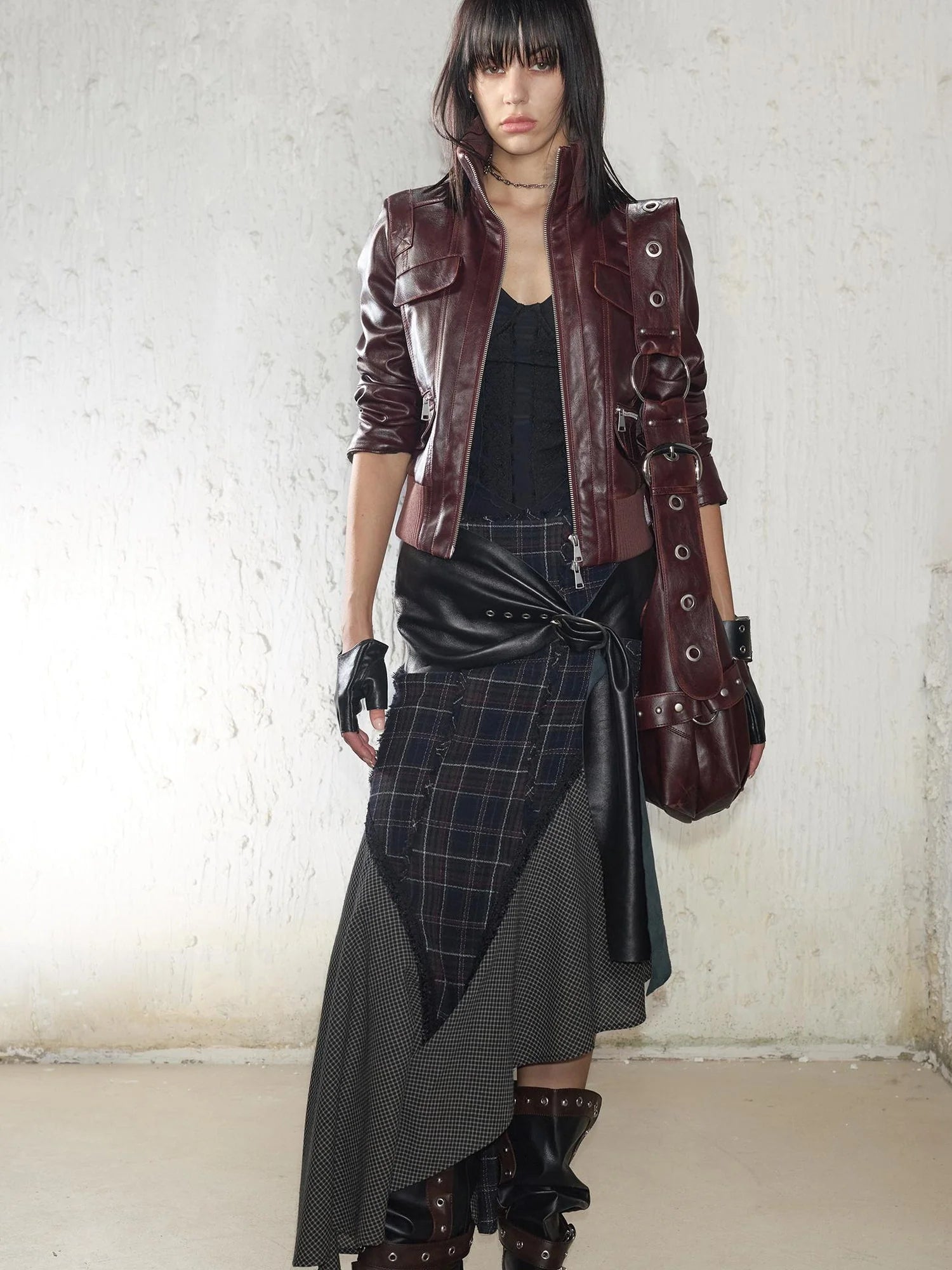 Wool Plaid Lace Irregular Hem Flowy Maxi Skirt