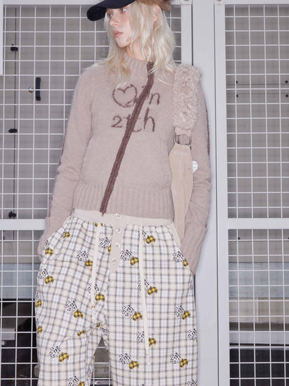 2th Desire Wool Plush Letter Contrast Zip Cardigan