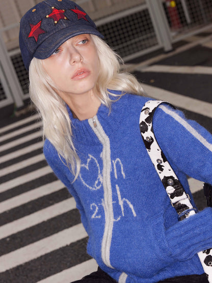 2th Desire Wool Plush Letter Contrast Zip Cardigan