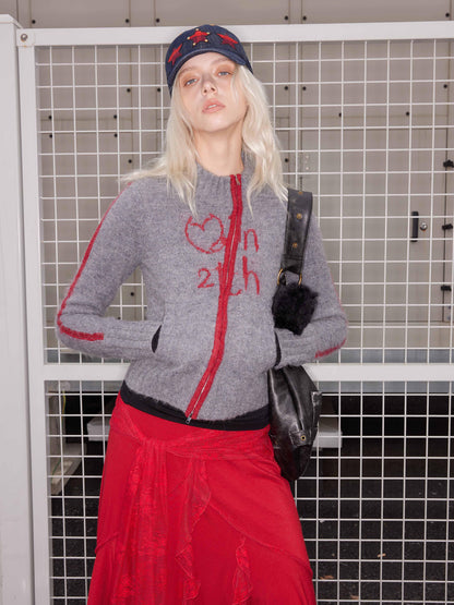 2th Desire Wool Plush Letter Contrast Zip Cardigan