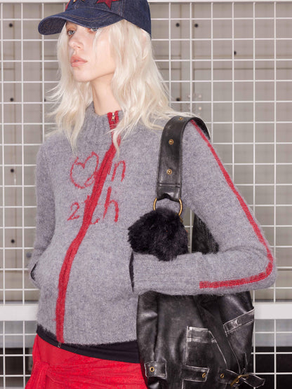 2th Desire Wool Plush Letter Contrast Zip Cardigan