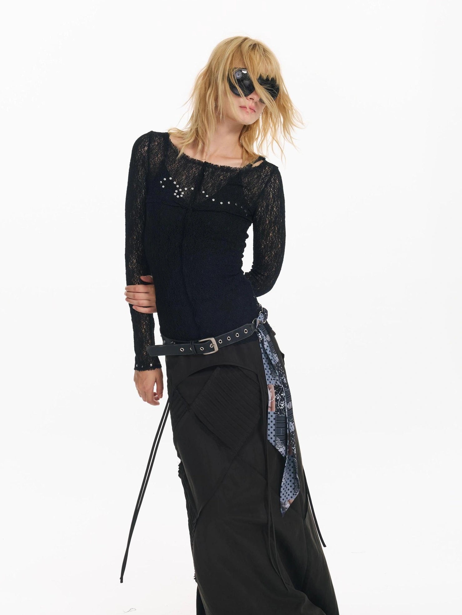 2th Desire Wrapped Beaded Punk Hollow Knit Top T-shirt