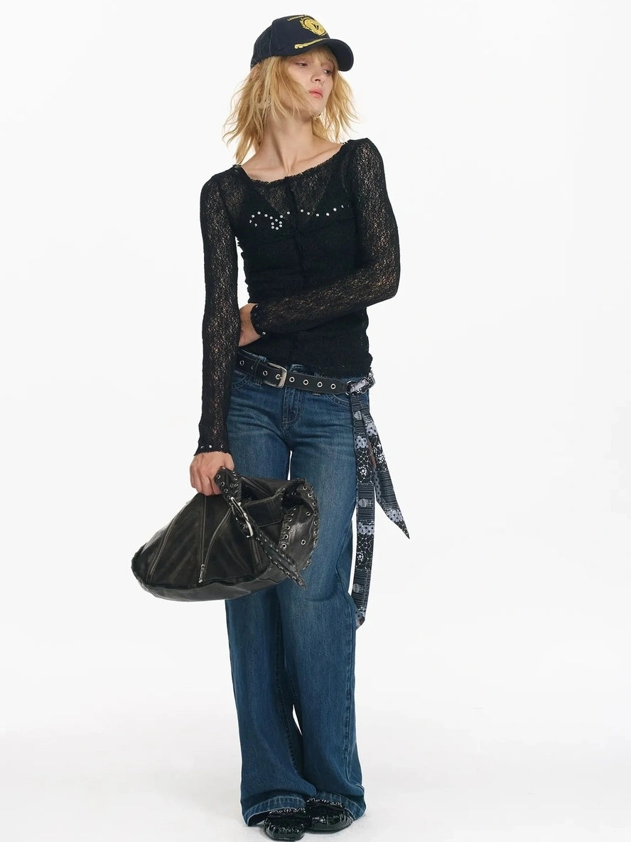 2th Desire Wrapped Beaded Punk Hollow Knit Top T-shirt