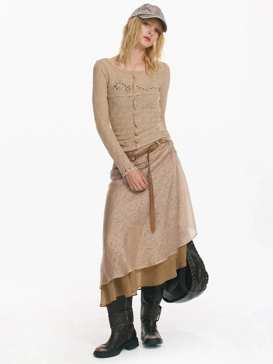 2th Desire Wrapped Beaded Punk Hollow Knit Top T-shirt