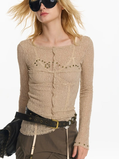 2th Desire Wrapped Beaded Punk Hollow Knit Top T-shirt