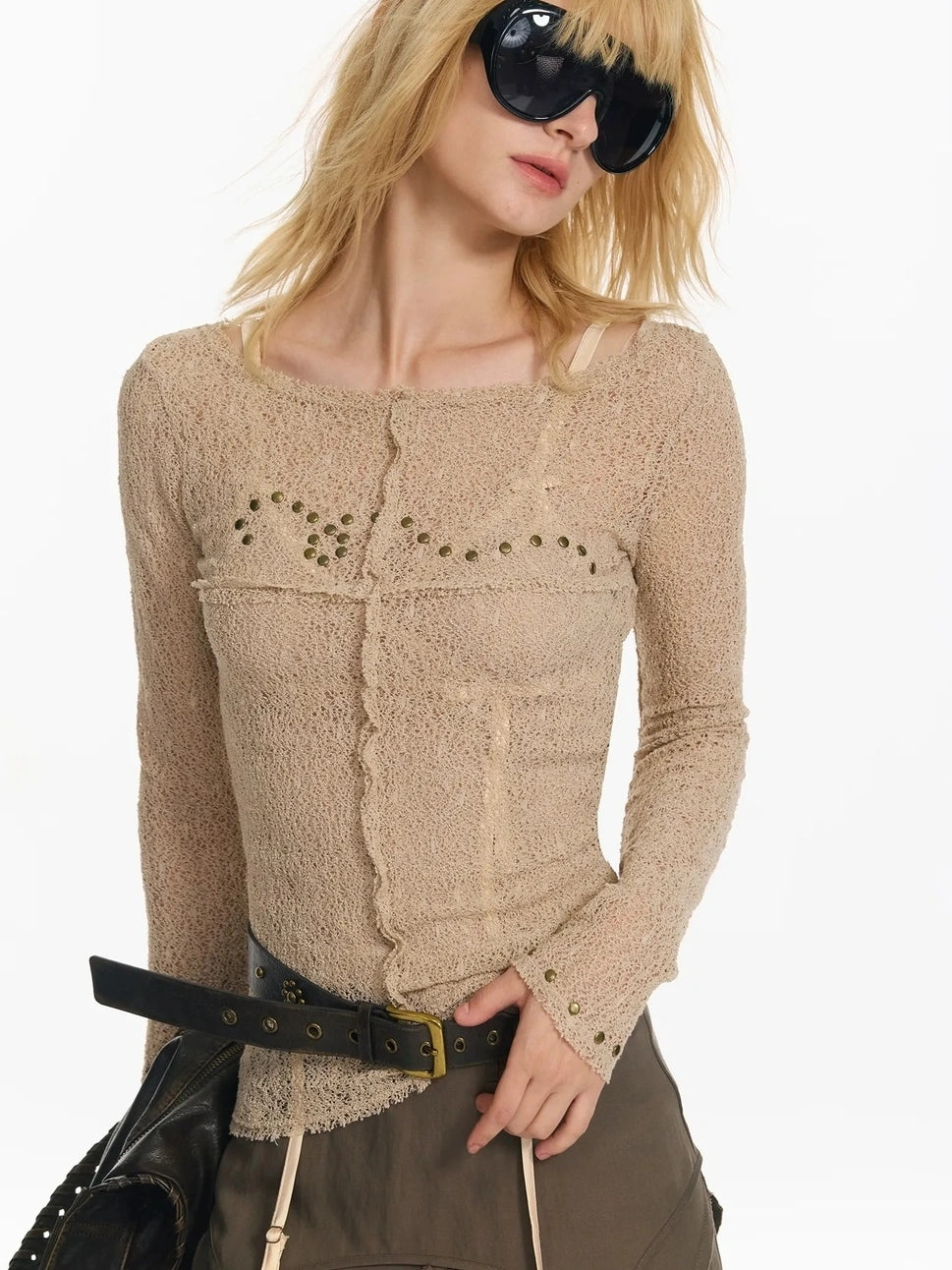 2th Desire Wrapped Beaded Punk Hollow Knit Top T-shirt