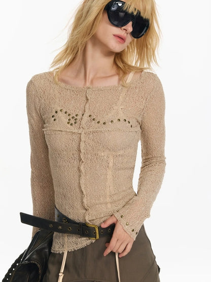 2th Desire Wrapped Beaded Punk Hollow Knit Top T-shirt