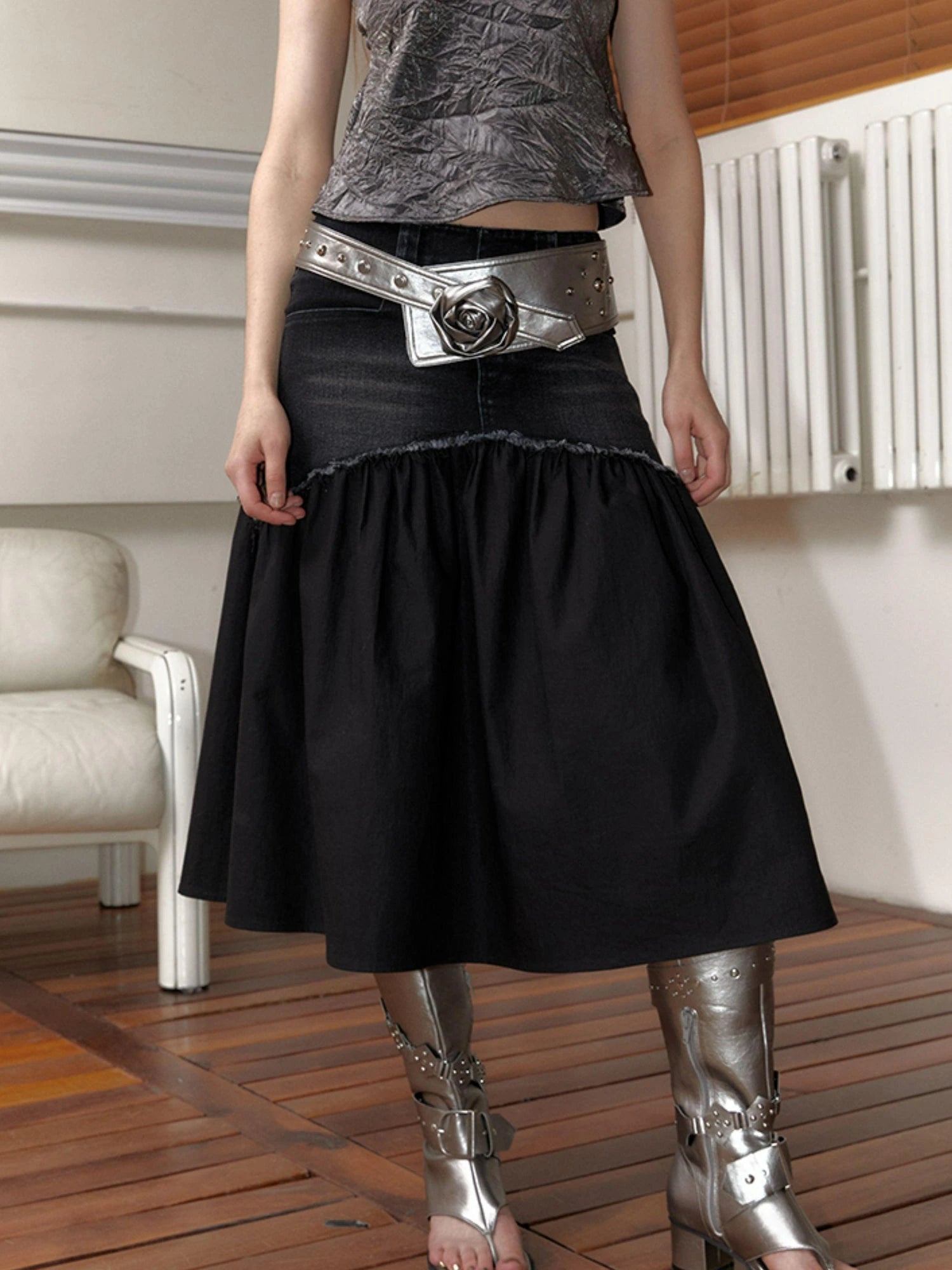 Y2K Silver Rose Studded Wide Belt