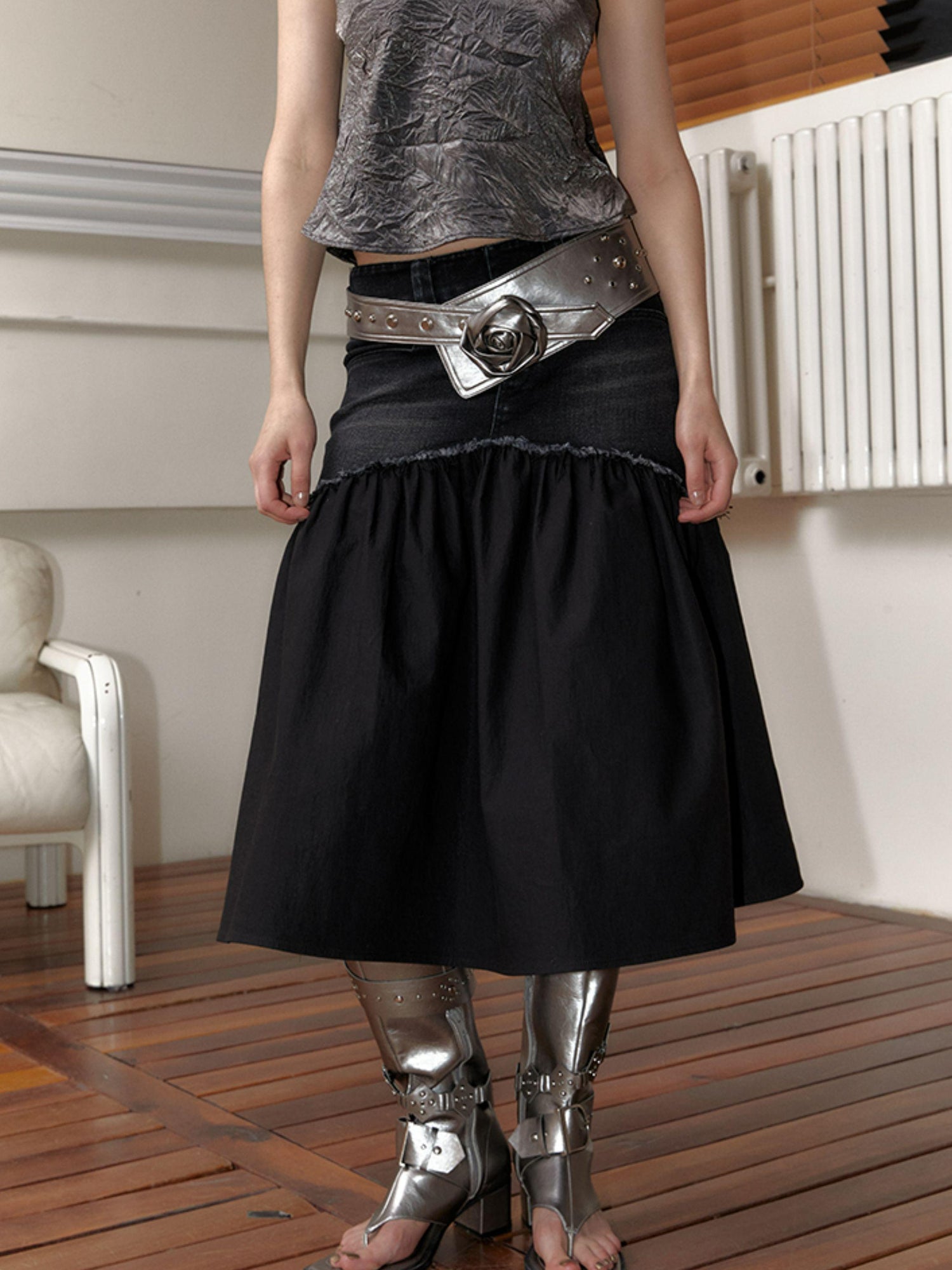 2th Desire Y2K Silver Rose Studded Wide Belt