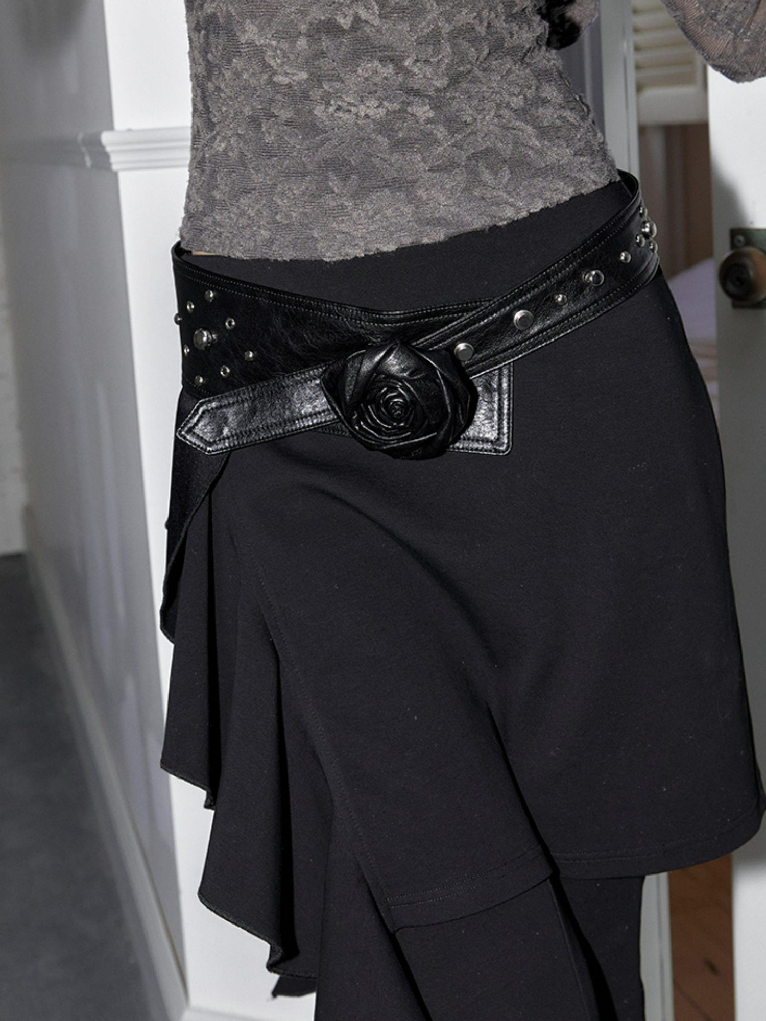 2th Desire Y2K Silver Rose Studded Wide Belt