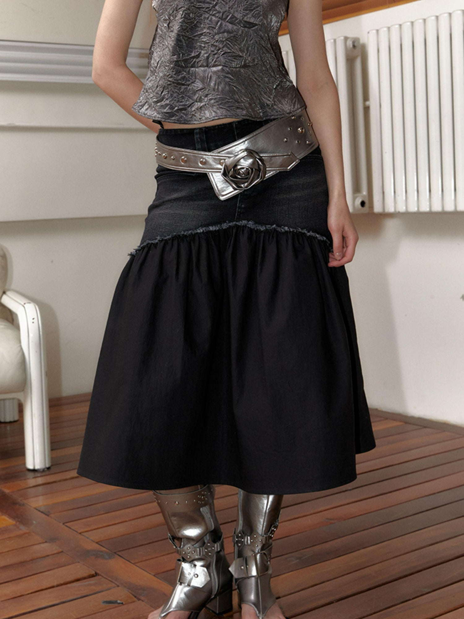 2th Desire Y2K Silver Rose Studded Wide Belt