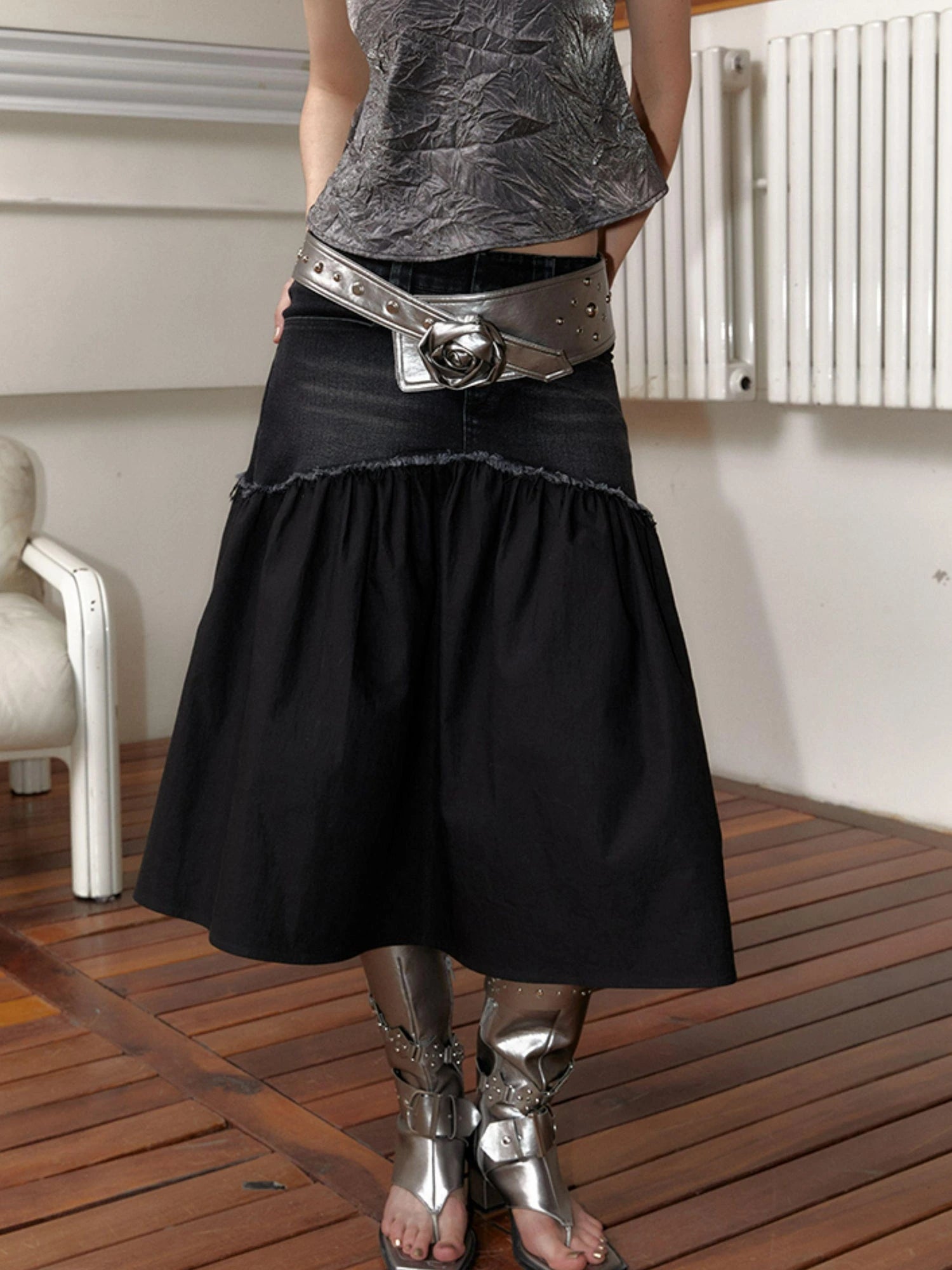 Y2K Silver Rose Studded Wide Belt