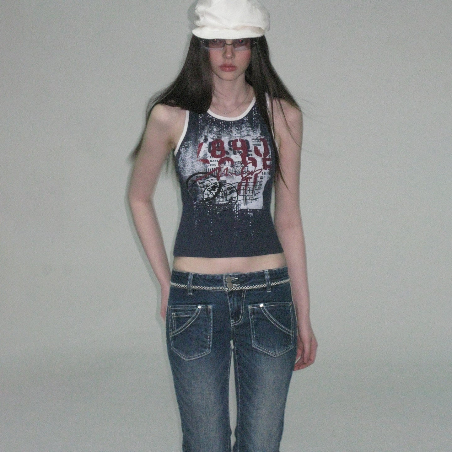 The NeverMore Soft Stretch Cotton Slim Fit Round Neck Printed Cropped Women Navy Camisoles