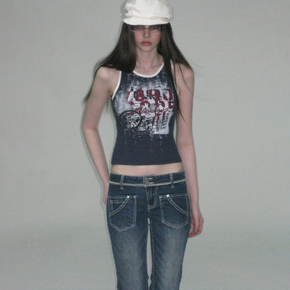 The NeverMore Soft Stretch Cotton Slim Fit Round Neck Printed Cropped Women Navy Camisoles