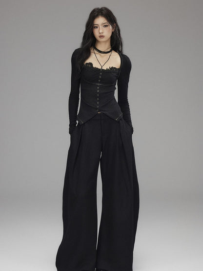 Low pixel Slim Fit Gothic V-neck Paneled Knit Black Womens Everyday Long Sleeve Crop Tops