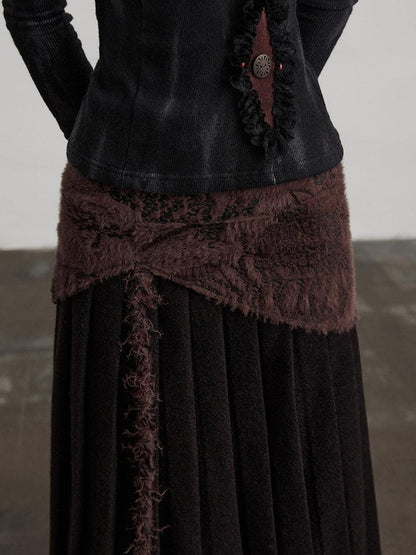 INDULGE Shape Retaining Patchwork Lined Mid Waist Wool Blend Women Burgundy Maxi Skirts