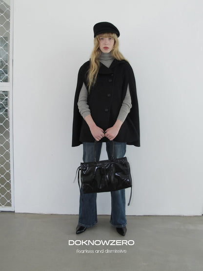 DKZ OFFICIAL Black Bud Collar Cape Double Breasted Women&