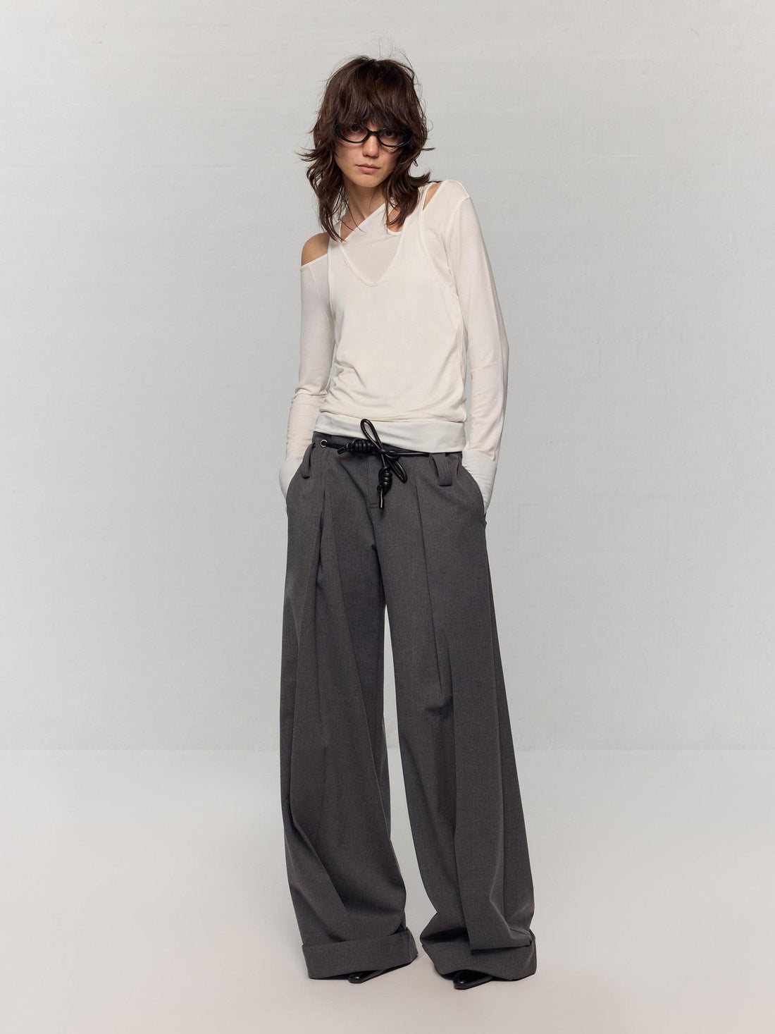 RUN TO THE FUTURE Minimalist Original Tie Detail Low Rise Zipper Women Rock Gray Wide-Leg Pants