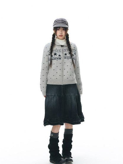 NAPSNAPS Vintage Fair Isle Star Knit Turndown Collar Women&