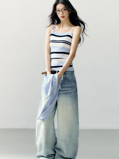 7Shiftin Striped Two Piece Cardigan And Camisole Casual Women Blue Long Sleeve T-Shirts