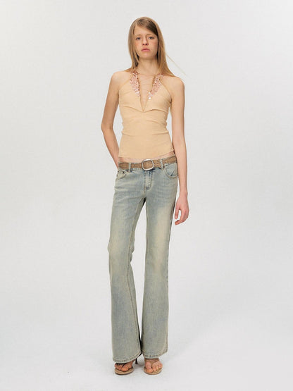 The NeverMore Washed Micro Flare Low Rise Micro Stretch Cotton Blue Green Straight Leg Jeans