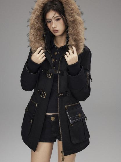 Low pixel Warm Cotton Utility Cinched Waist Multi Pocket Hooded Women Black Puffer Jackets