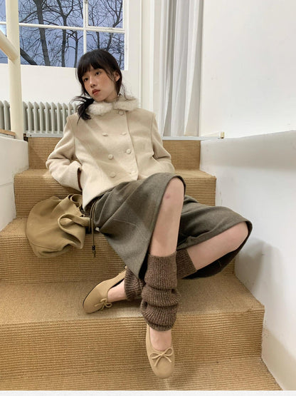 Dorydory Faux Fur Collar Double Breasted Straight Cut Women&