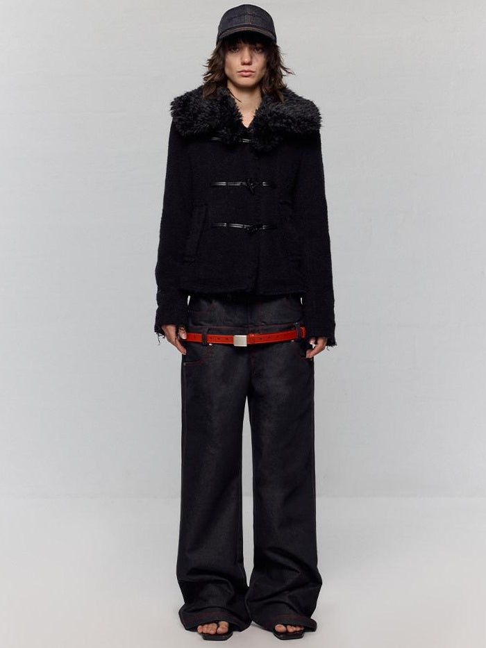 RUN TO THE FUTURE Low Rise Colorblock Loose Fit Zip Fly Black Denim Stretch Wide-Leg Jeans