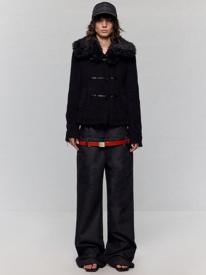 RUN TO THE FUTURE Low Rise Colorblock Loose Fit Zip Fly Black Denim Stretch Wide-Leg Jeans